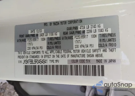 2024 Mazda Cx-5 2.5 S Select from USA, damaged, VIN JM3KFBBL6R0454641